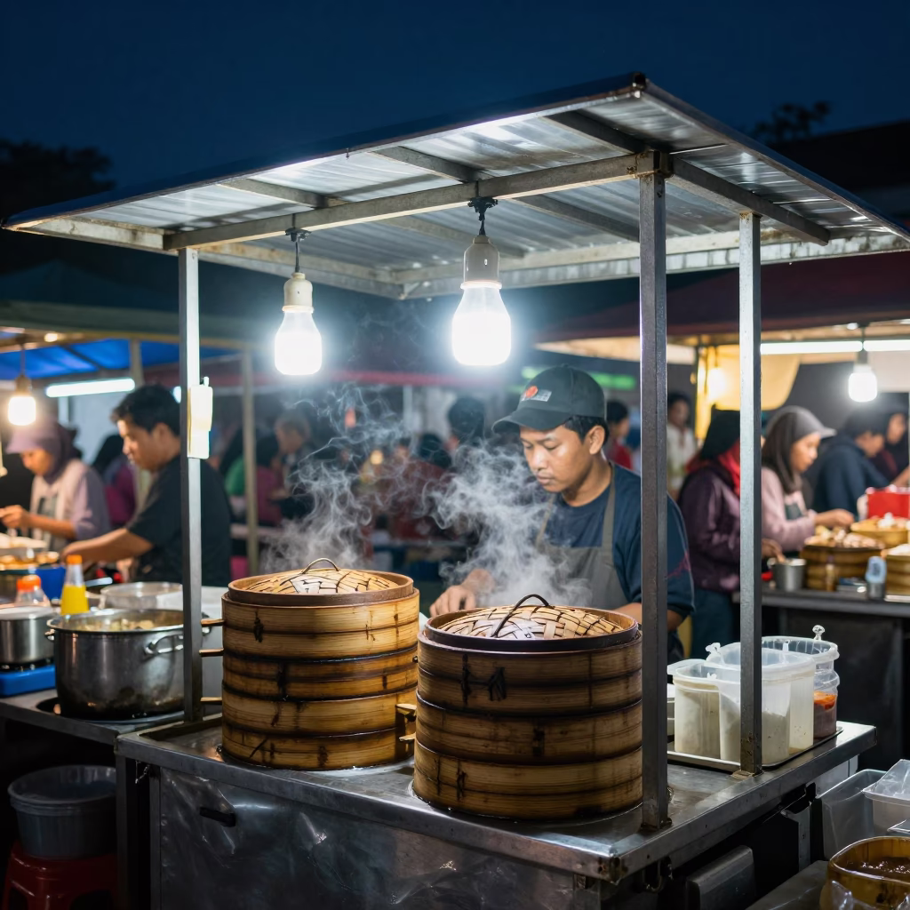 Night Market Street Food Stall in Surabaya Indonesia with Bamboo Steamer and Tablecloth in in Surabaya, Indonesia