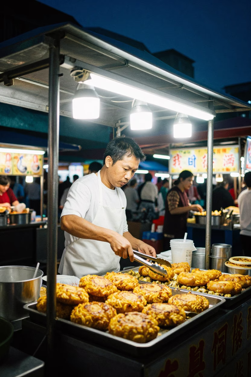 Night Market Street Food Stall in Taipei Taiwan with Vendor Serving Aloo Tikki in in Taipei, Taiwan
