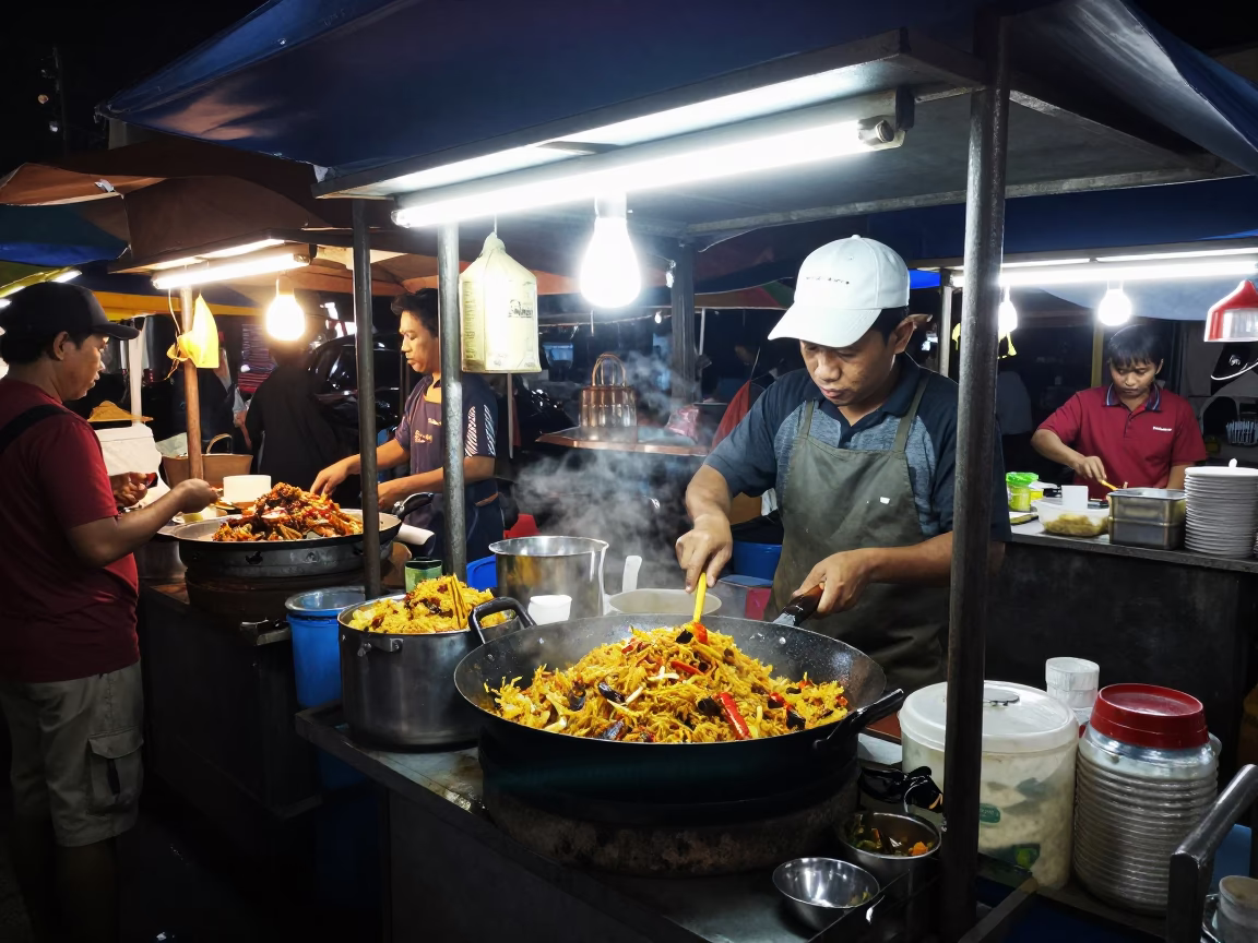 Night Market Street Food Stall in Yogyakarta Indonesia with Spicy Rice and Condiments in in Yogyakarta, Indonesia