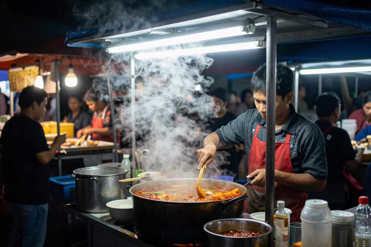 Night Market Street Food Stall in Yogyakarta Indonesia with Steam and Colorful Lanterns in in Yogyakarta, Indonesia