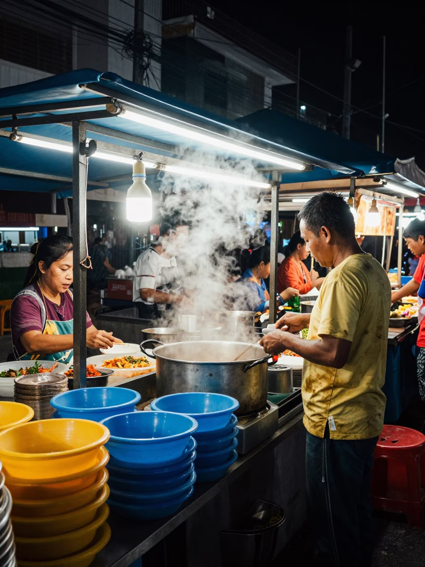 Night Market Street Food Stall with Plastic Bowls and Steam in Phnom Penh Cambodia in in Phnom Penh, Cambodia