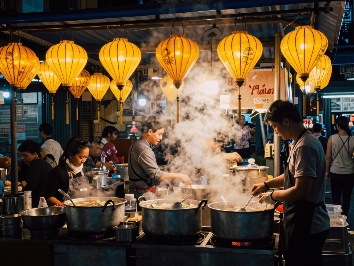 Night Market Street Food Stall with Steam and Lanterns in Hanoi Vietnam in in Hanoi, Vietnam