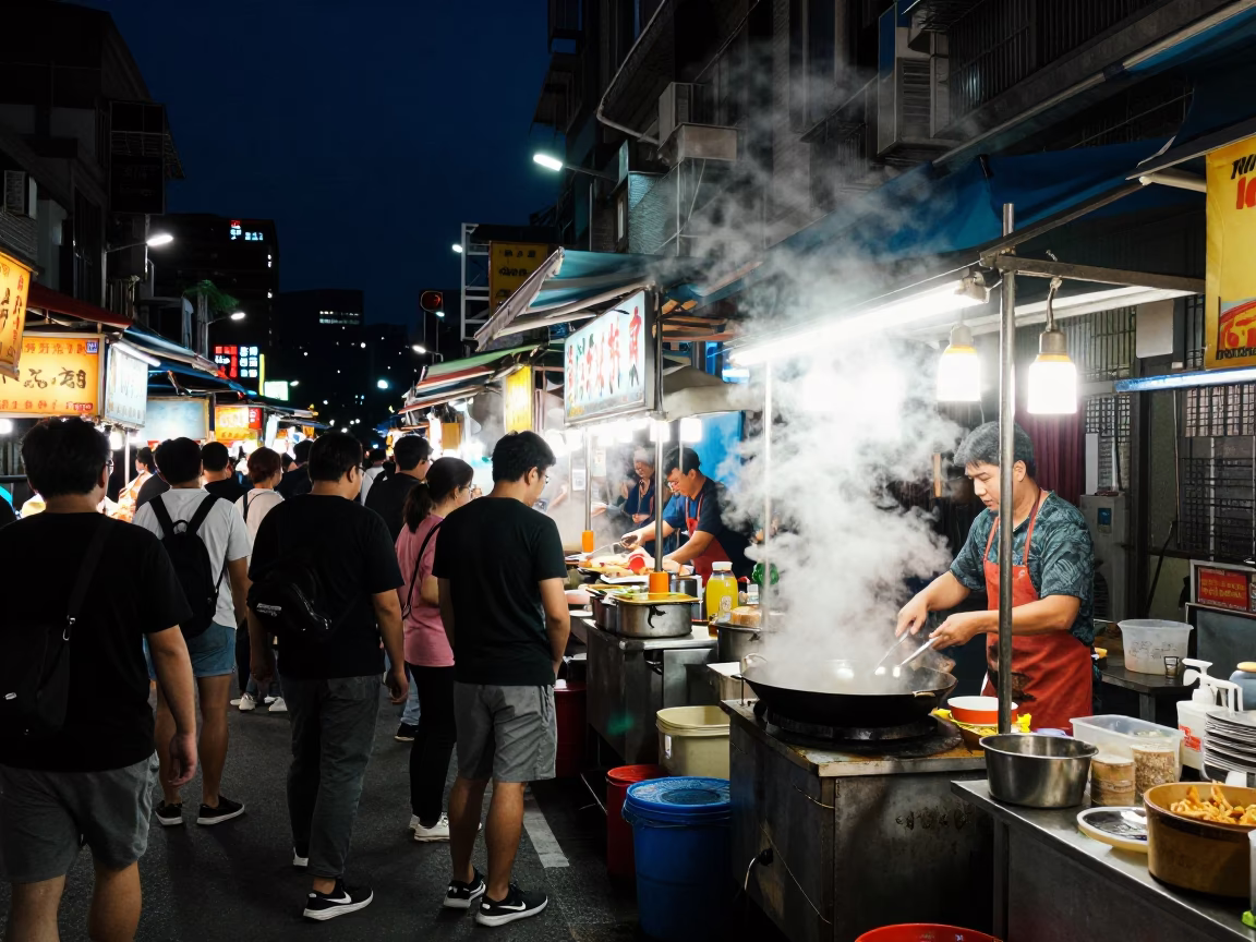 Night Market Street Food Stall with Steam and Neon Lights in Taipei Taiwan in in Taipei, Taiwan