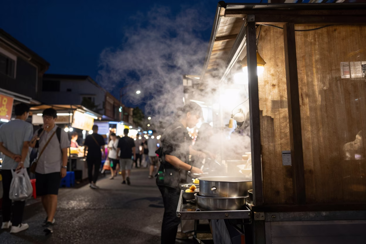 Night Market Street Food Stall with Steam Haze in Tainan Taiwan Deep Night in in Tainan, Taiwan