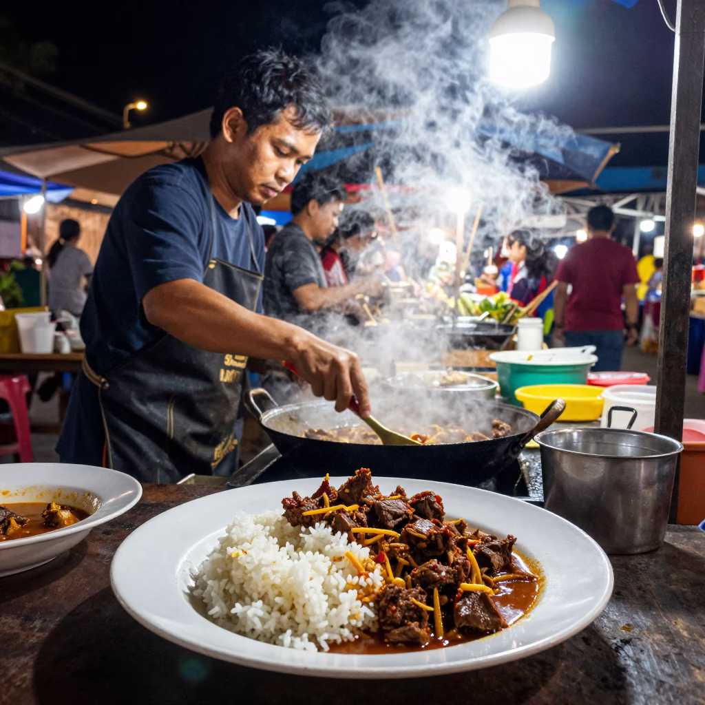 Night Market Street Food Vendor Cooking Beef Rendang in Luang Prabang Laos in in Luang Prabang, Laos