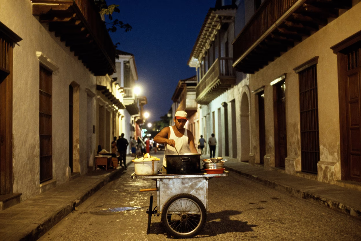 Night Market Street Food Vendor Cooking in Colonial Cartagena Colombia in in Cartagena, Colombia