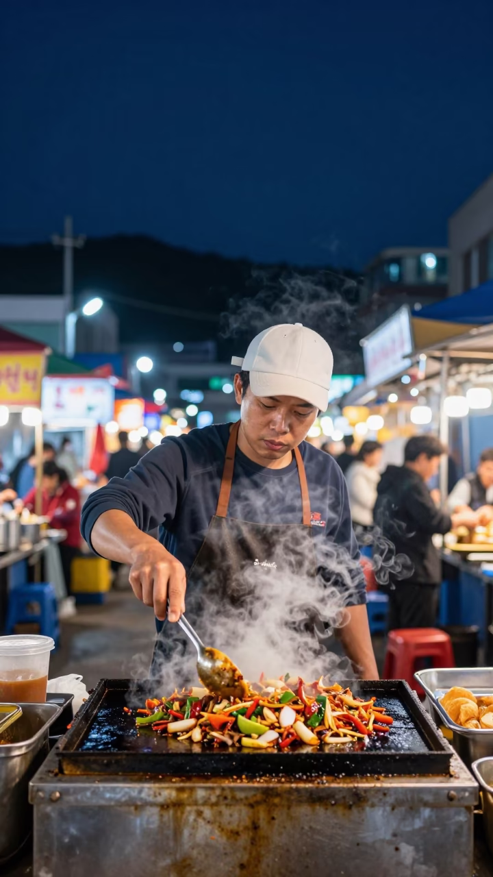 Night Market Street Food Vendor Cooking Lomo Saltado in Busan South Korea in in Busan, South Korea