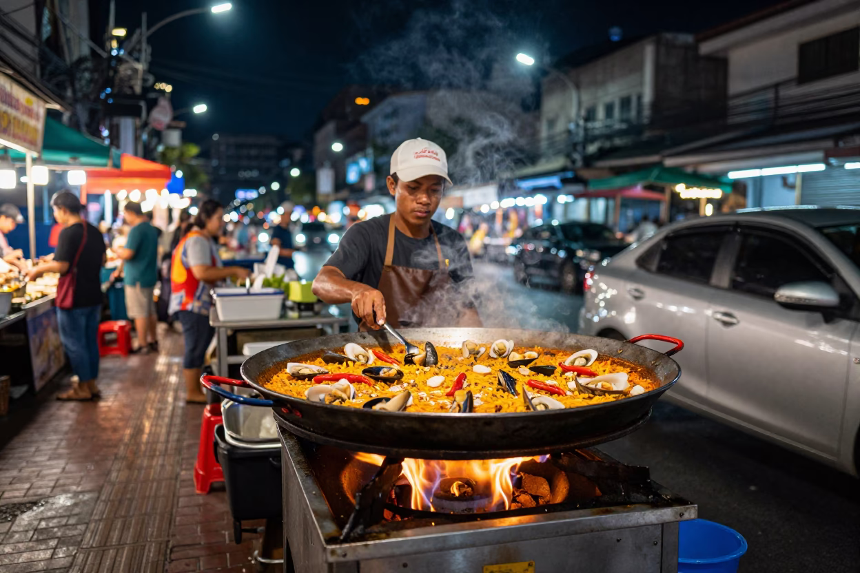 Night Market Street Food Vendor Cooking Paella in Bangkok Thailand Under Deep Night Sky in in Bangkok, Thailand