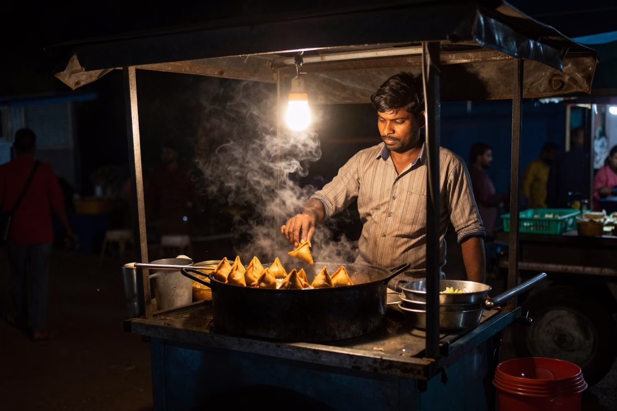 Night Market Street Food Vendor Cooking Samosas in Kochi India Deep Night in in Kochi, India