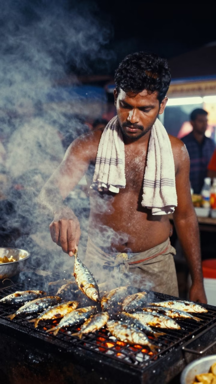 Night Market Street Food Vendor Cooking Sizzling Sardines with Neon Lights in Kochi India in in Kochi, India