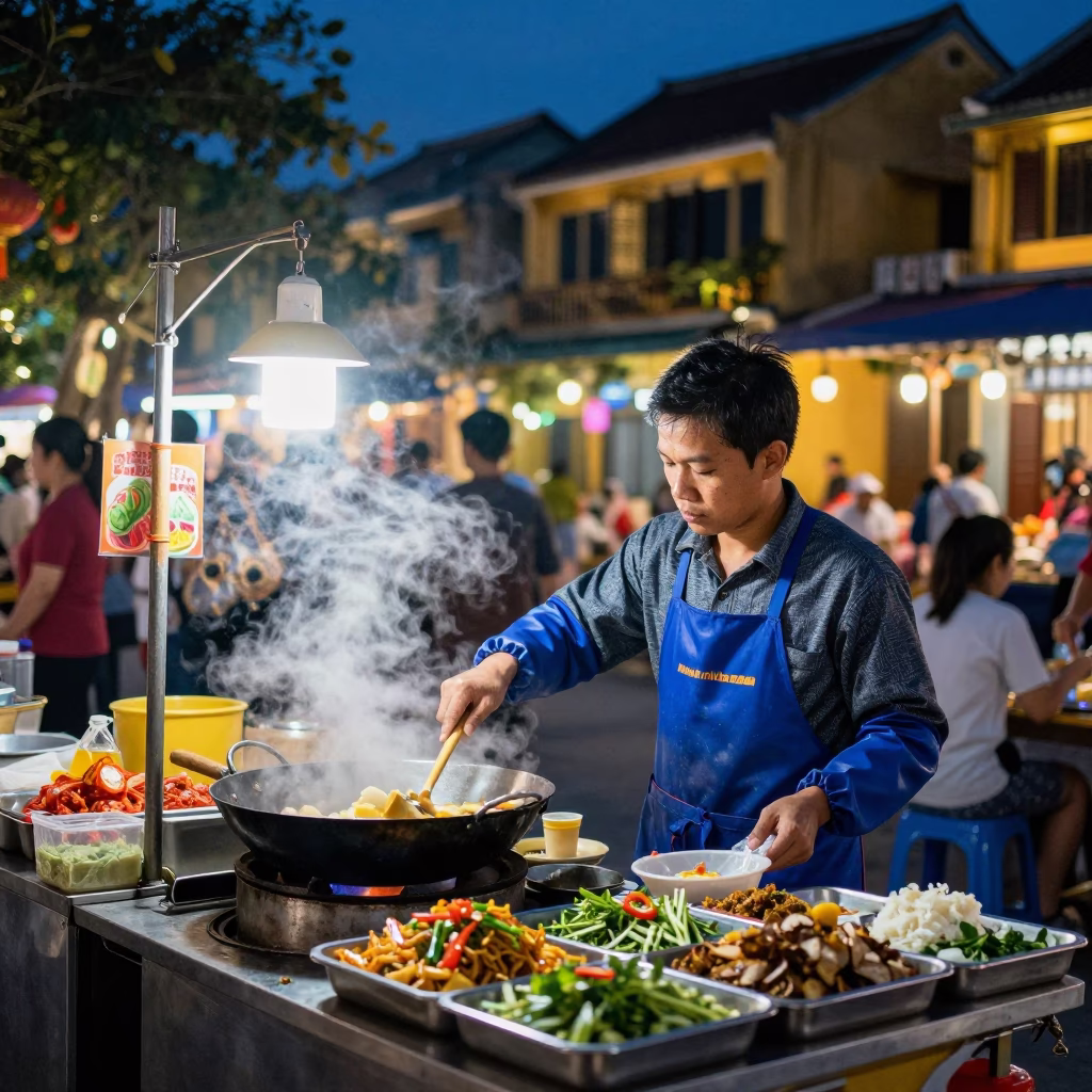 Night Market Street Food Vendor Hoi An Vietnam Late Evening Colorful Lanterns in in Hoi An, Vietnam