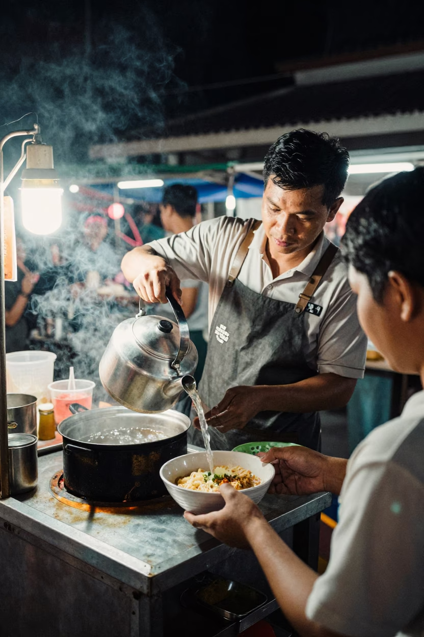 Night Market Street Food Vendor in Bangkok Thailand Cooking with Kettle and Papayas in in Bangkok, Thailand