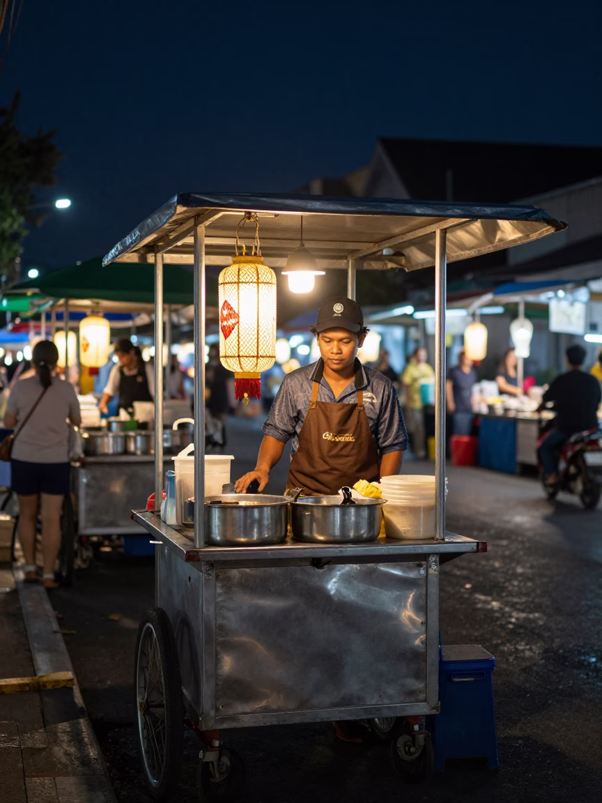 Night Market Street Food Vendor in Bangkok Thailand with Lantern and Udon Bowl in in Bangkok, Thailand