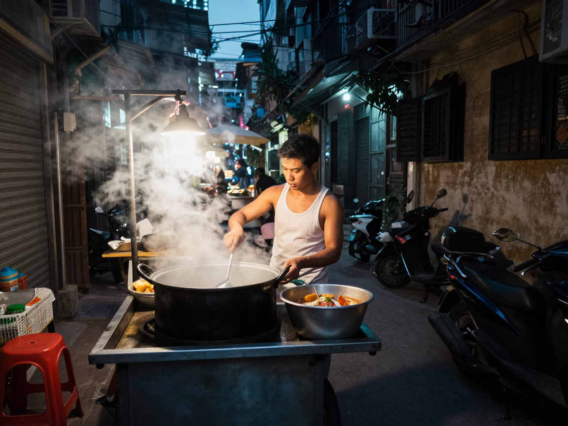 Night Market Street Food Vendor in Hanoi Vietnam Cooking at Deep Night in in Hanoi, Vietnam