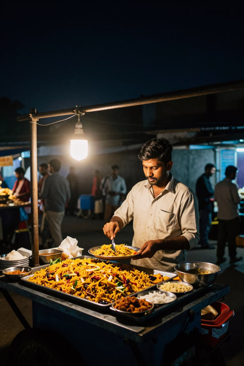 Night Market Street Food Vendor in Hyderabad India Serving Koshari Under Deep Night Sky in in Hyderabad, India