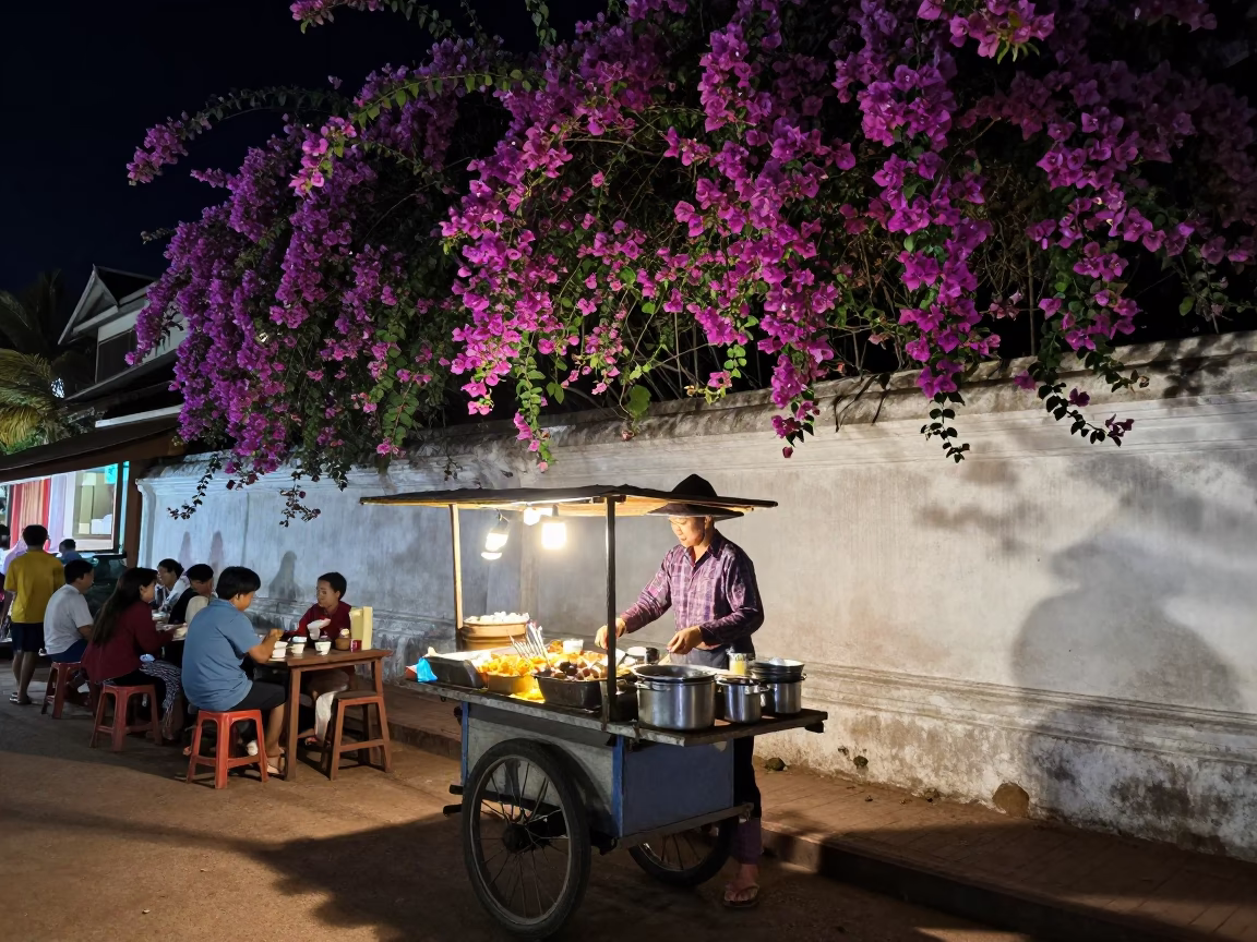 Night Market Street Food Vendor in Luang Prabang Laos with Bougainvillea in in Luang Prabang, Laos