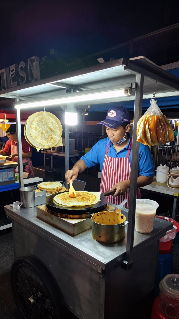 Night Market Street Food Vendor in Phuket Thailand Selling Jianbing Crepes in in Phuket, Thailand