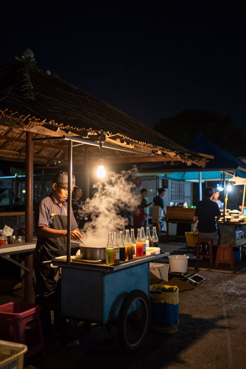 Night Market Street Food Vendor in Yogyakarta Indonesia with Glass Bottle and Tea Towel in in Yogyakarta, Indonesia