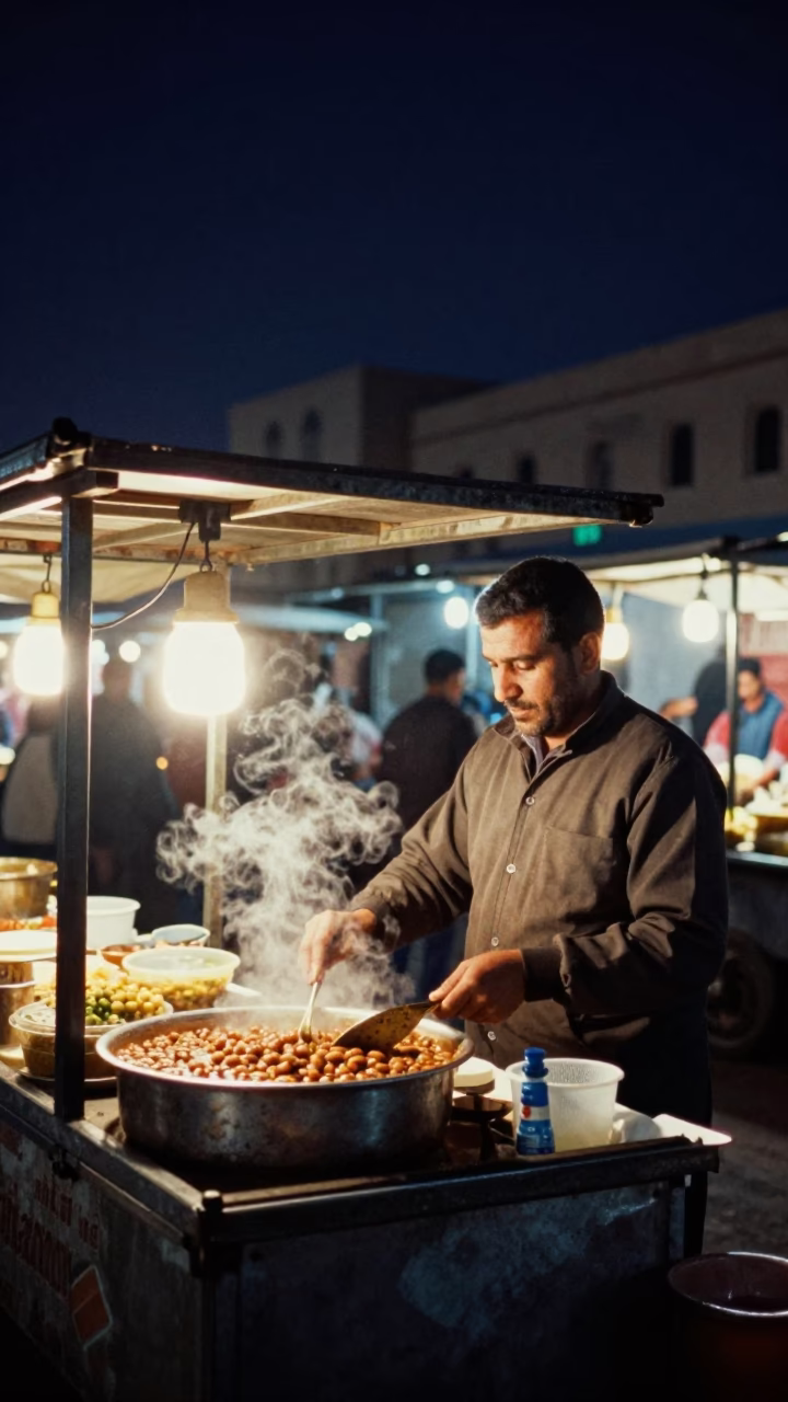 Night Market Street Food Vendor Preparing Fasolia Bean Stew with Bread in Alexandria Egypt in in Alexandria, Egypt