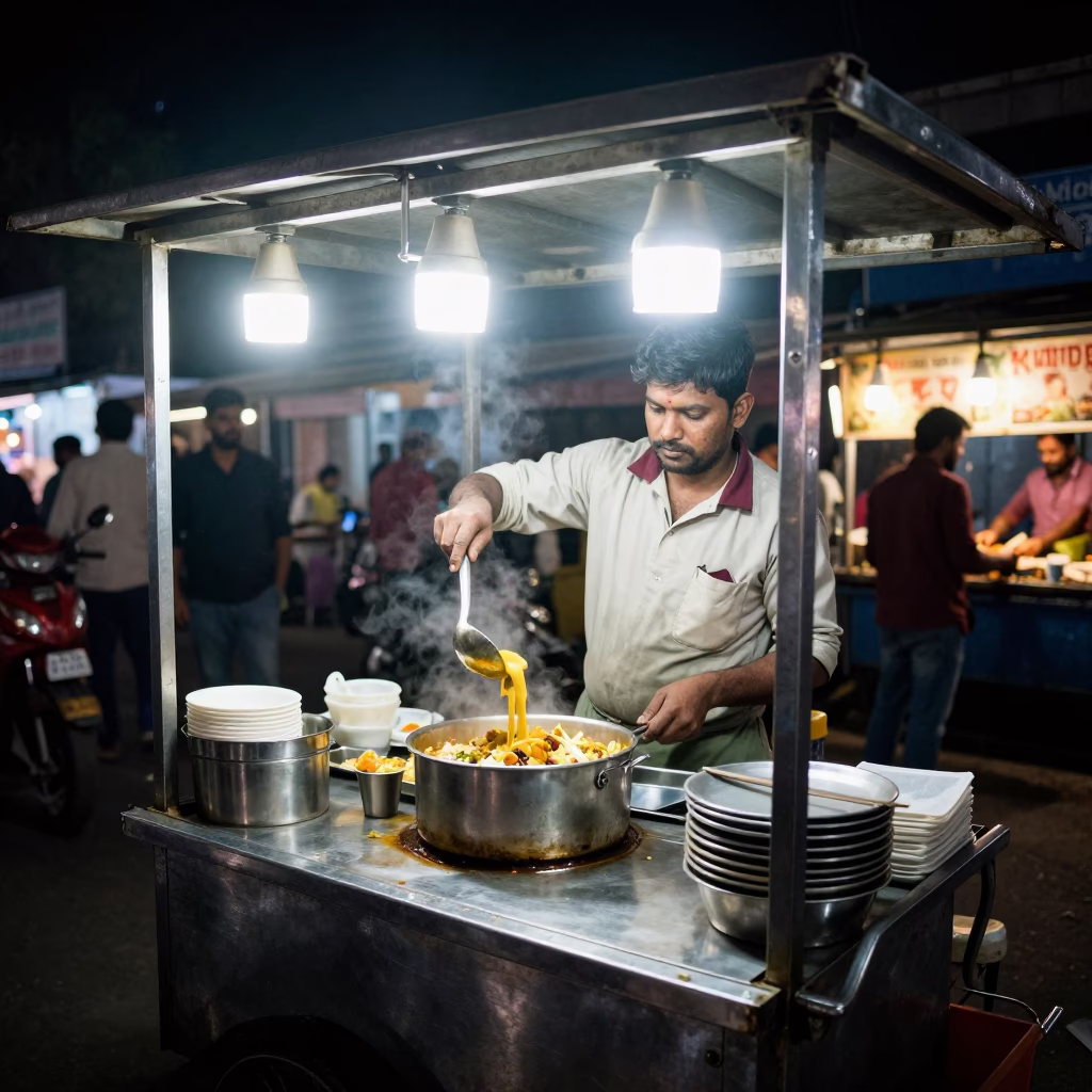 Night Market Street Food Vendor Serving Chaat in Delhi India Under Streetlights in in Delhi, India