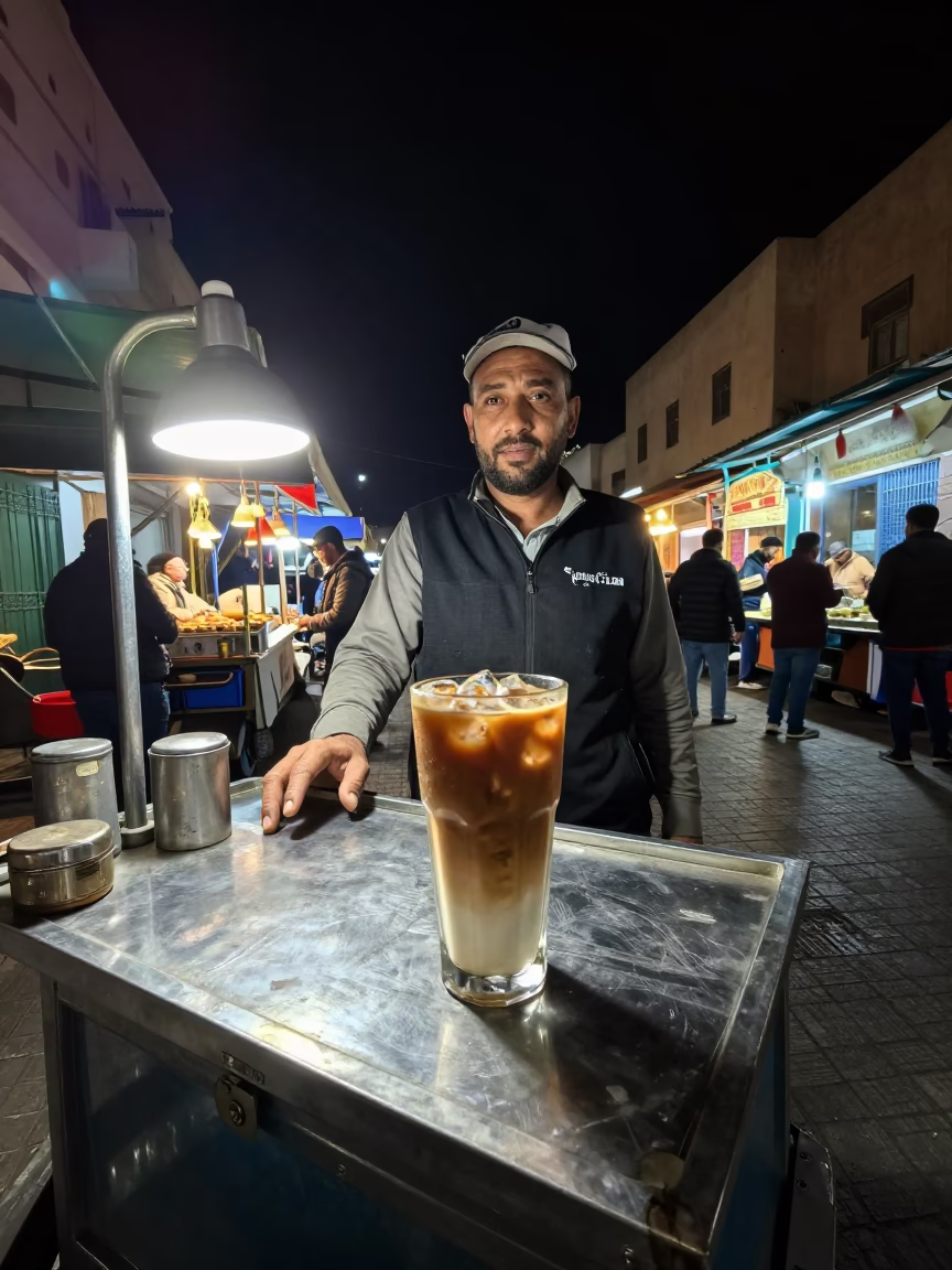 Night Market Street Food Vendor Serving Coffee in Casablanca Morocco Deep Evening in in Casablanca, Morocco