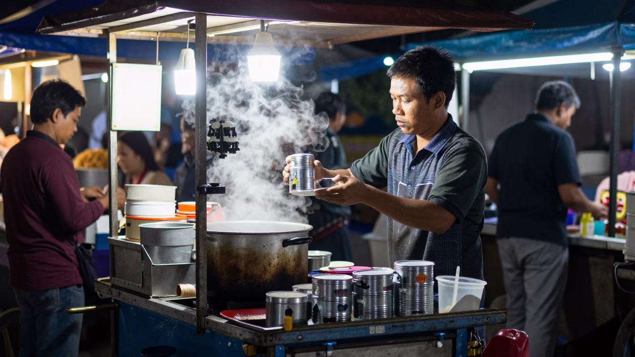 Night Market Street Food Vendor Serving Coffee Tin in Surabaya Indonesia in in Surabaya, Indonesia