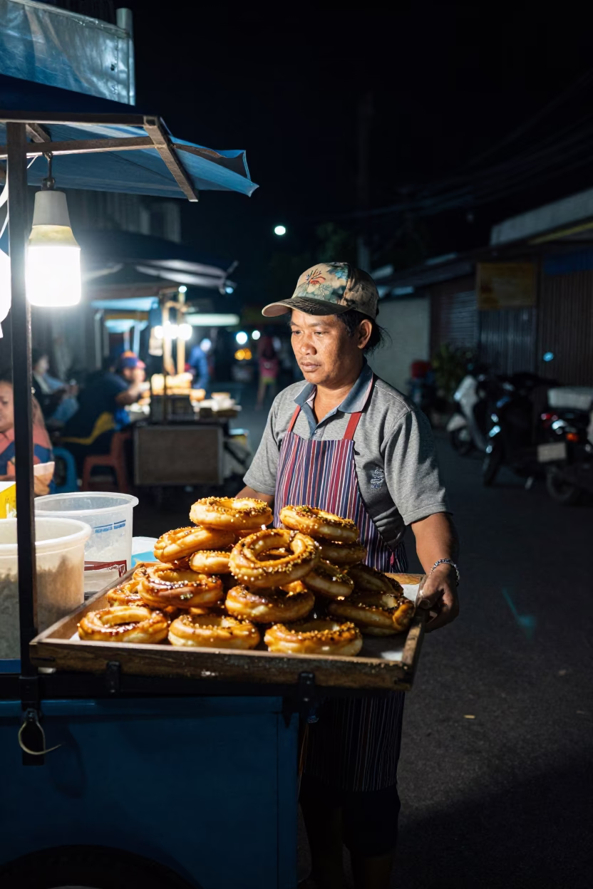 Night Market Street Food Vendor Serving Hot Mandazi with Cardamom in Chiang Mai Thailand in in Chiang Mai, Thailand