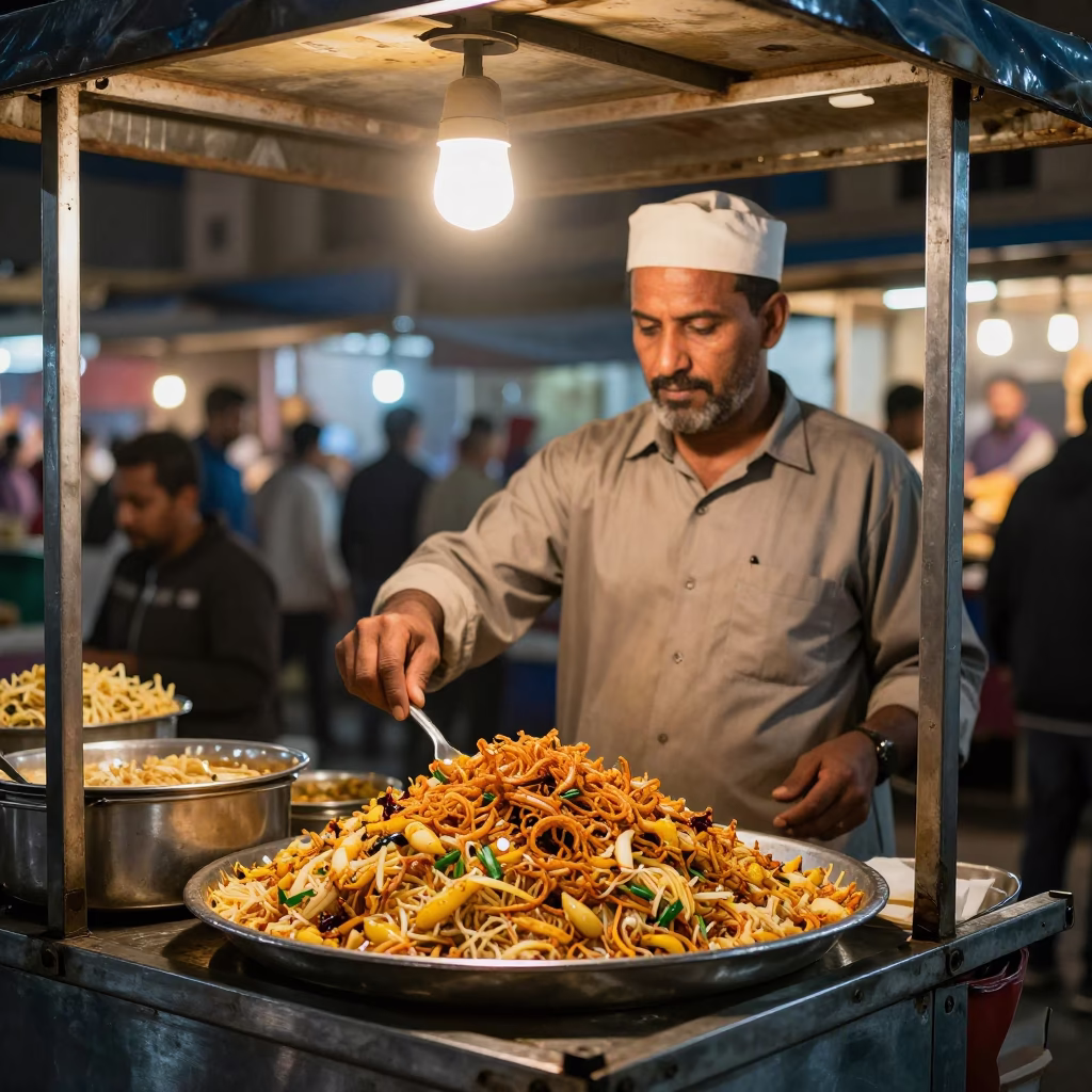 Night Market Street Food Vendor Serving Koshari in Luxor Egypt in in Luxor, Egypt