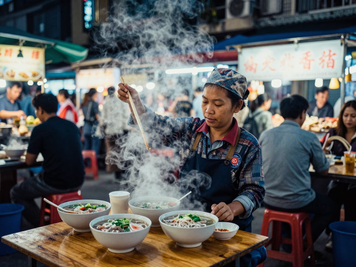 Night Market Street Food Vendor Serving Pho in Hanoi Vietnam with Steam and Customers in in Hanoi, Vietnam