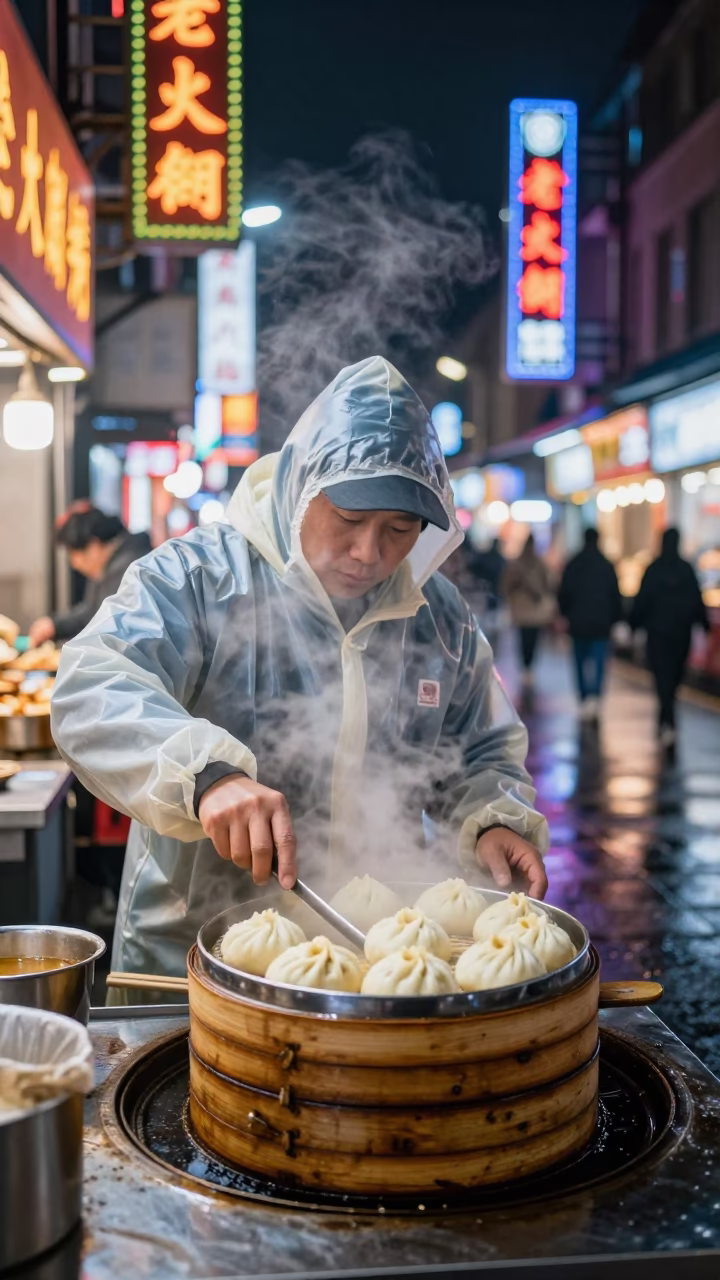 Night Market Street Food Vendor Serving Steamed Buns and Metal Bucket in Shanghai China in in Shanghai, China
