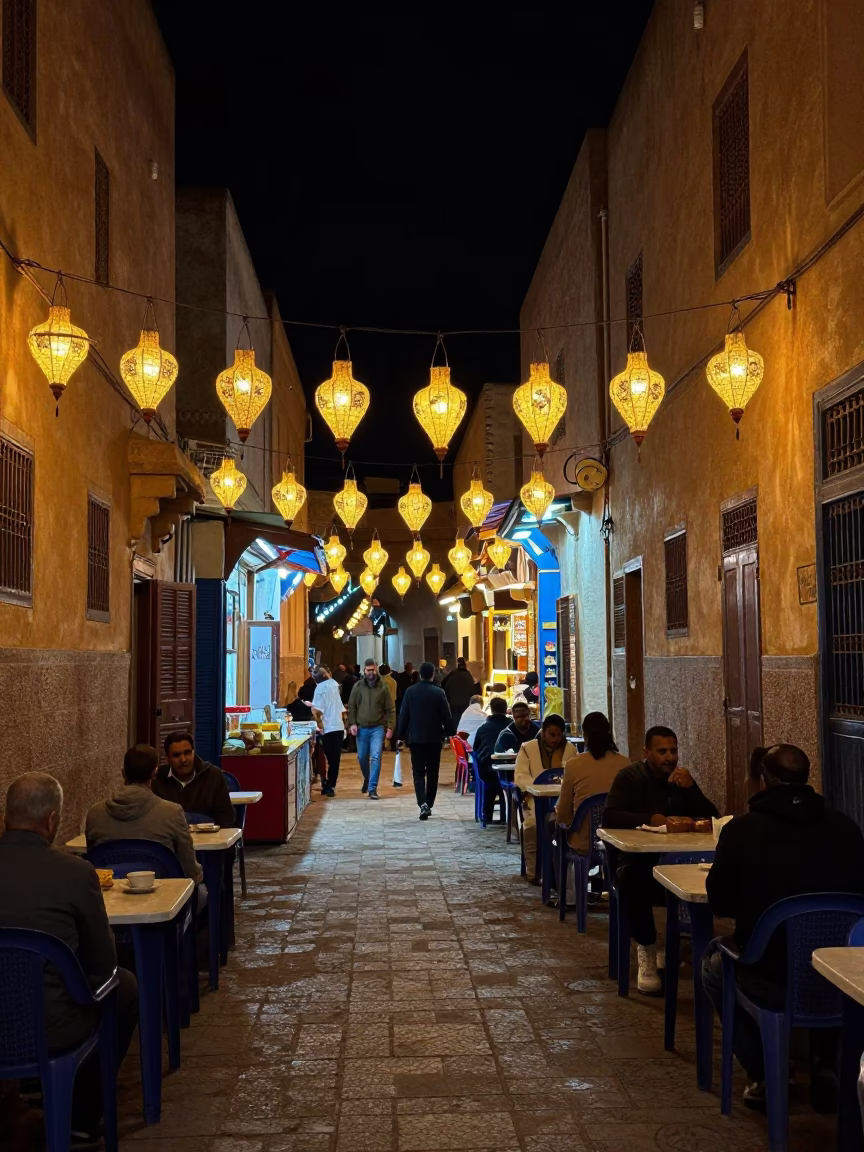 Night Market Street in Fez Morocco with Lanterns and Local Diners in in Fez, Morocco