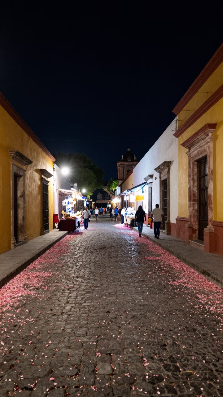 Night Market Street in Oaxaca Mexico Under Deep Sky With Fallen Petals in in Oaxaca, Mexico