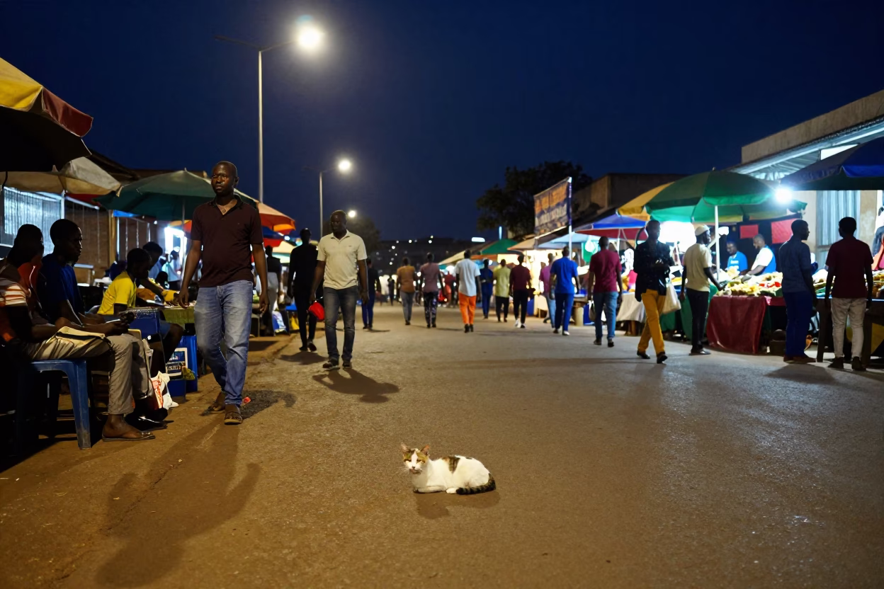 Night Market Street Scene in Accra Ghana Under Deep Night Sky in in Accra, Ghana