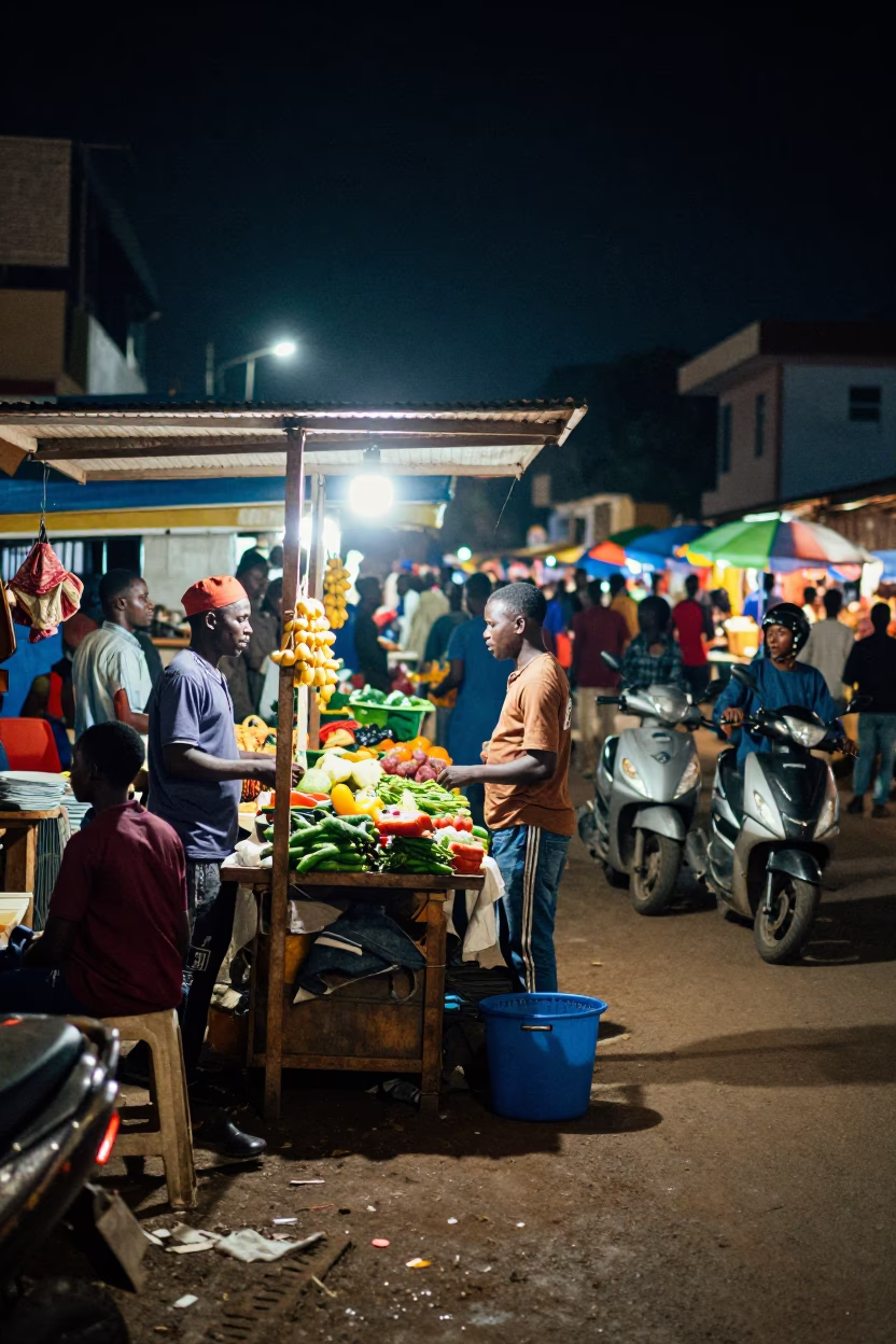 Night Market Street Scene in Accra Ghana with Vendor and Customers in in Accra, Ghana