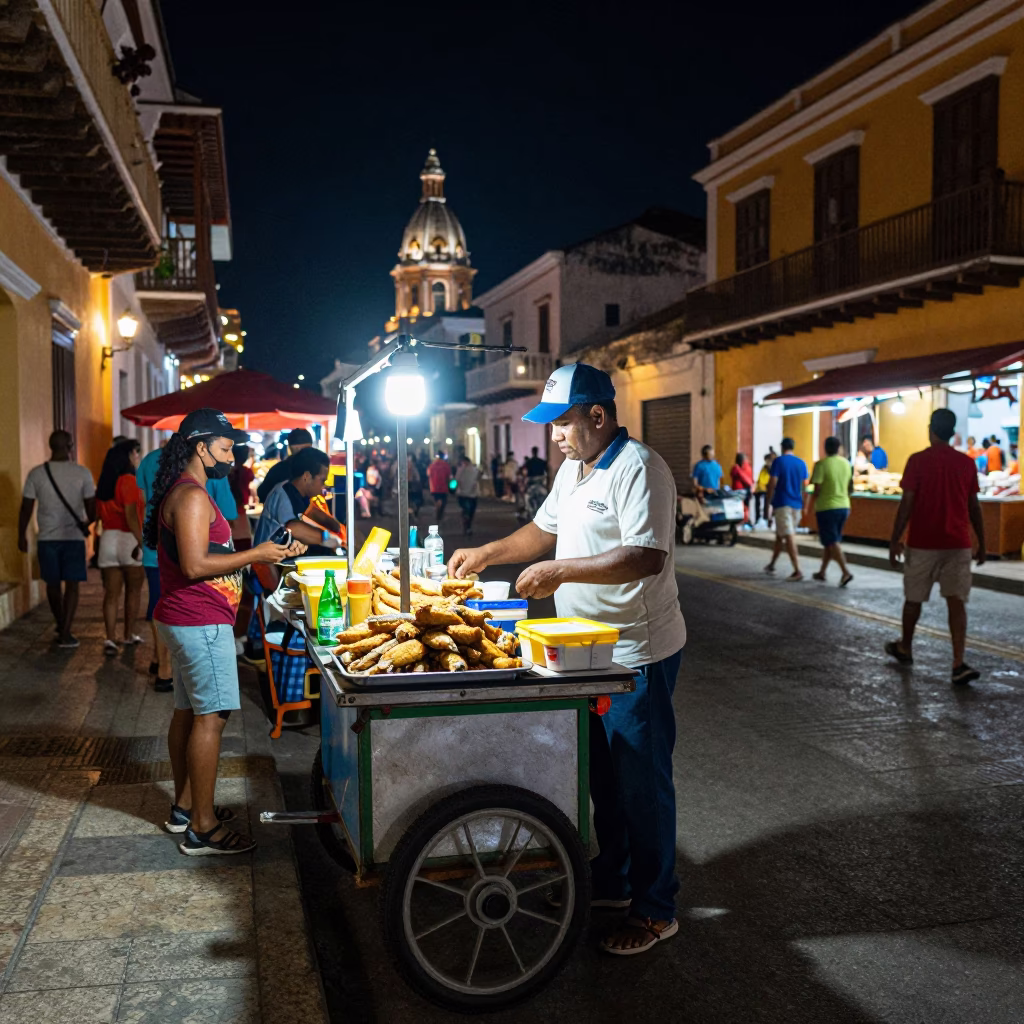 Night Market Street Scene in Cartagena Colombia with Food and Music in in Cartagena, Colombia