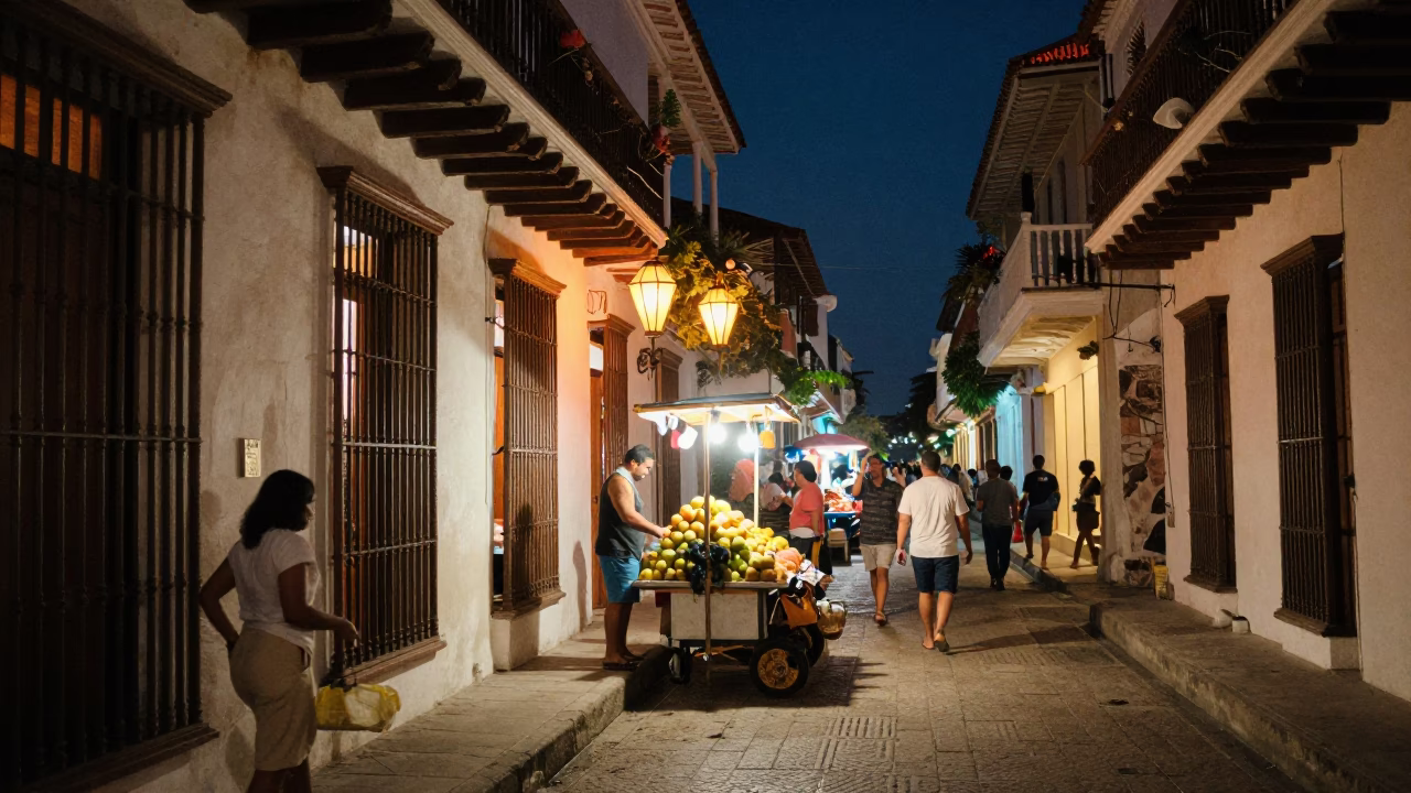 Night Market Street Scene in Cartagena Colombia with Lanterns and Local Activity in in Cartagena, Colombia