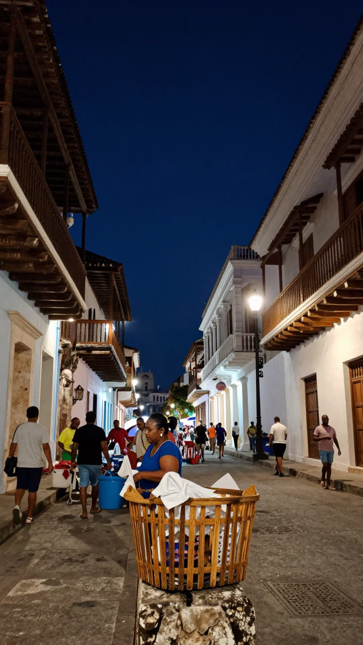 Night Market Street Scene in Cartagena Colombia with Laundry Basket and Monorail in in Cartagena, Colombia