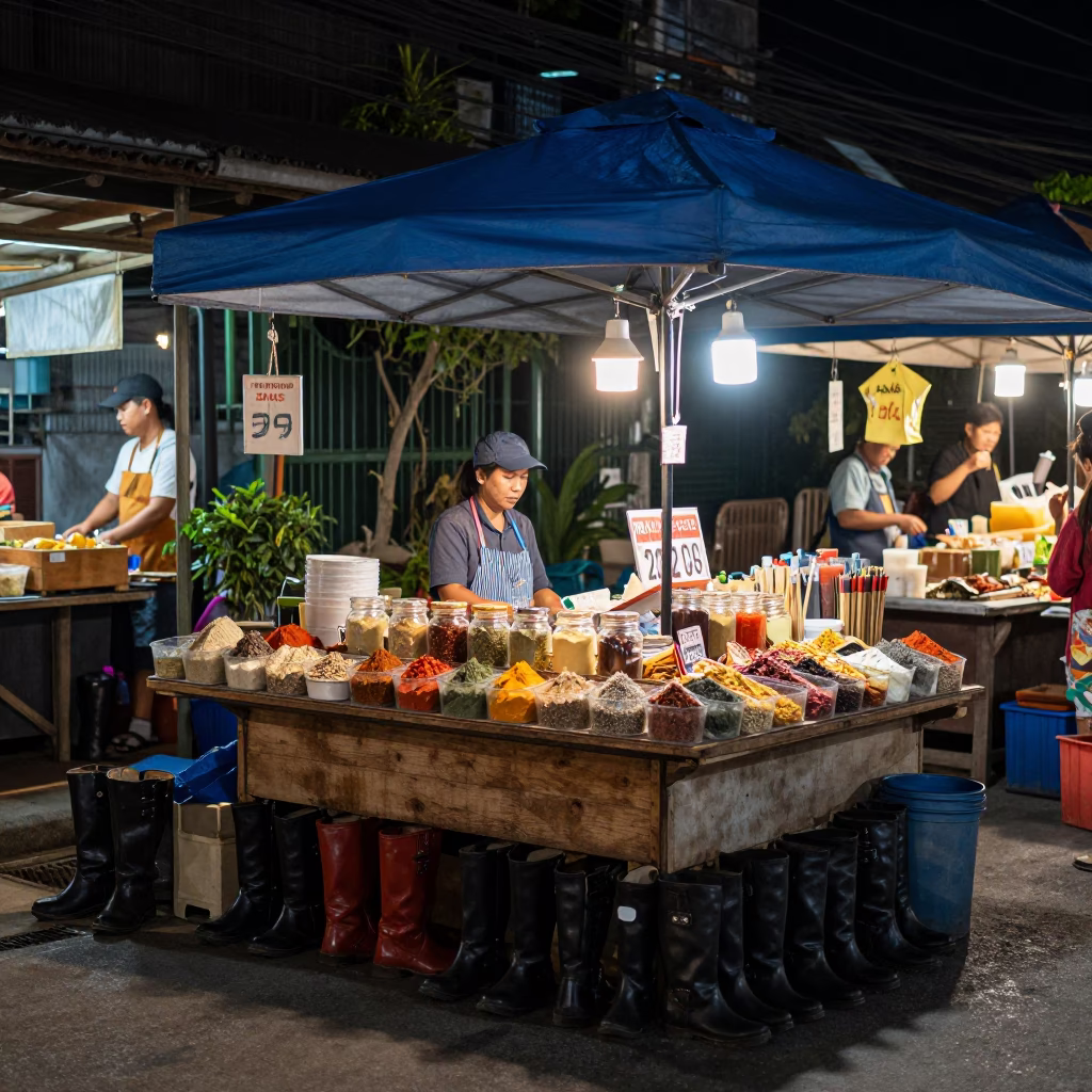 Night Market Street Scene in Chiang Mai Thailand with Boots and Spices in in Chiang Mai, Thailand
