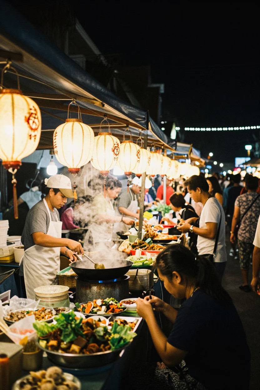 Night Market Street Scene in Chiang Mai Thailand with Lanterns and Food Stalls in in Chiang Mai, Thailand