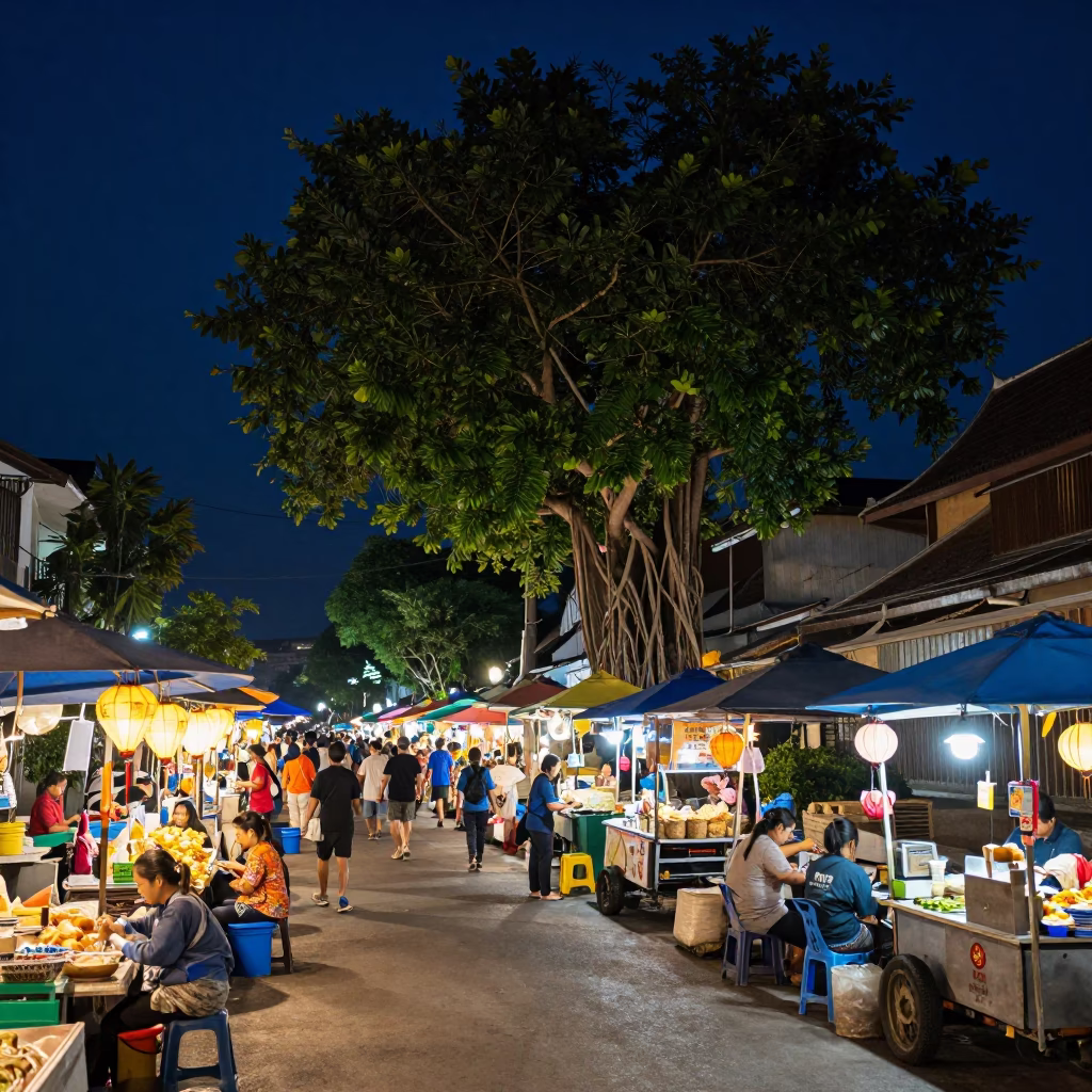 Night Market Street Scene in Chiang Mai Thailand with Lanterns and Street Food Vendors in in Chiang Mai, Thailand