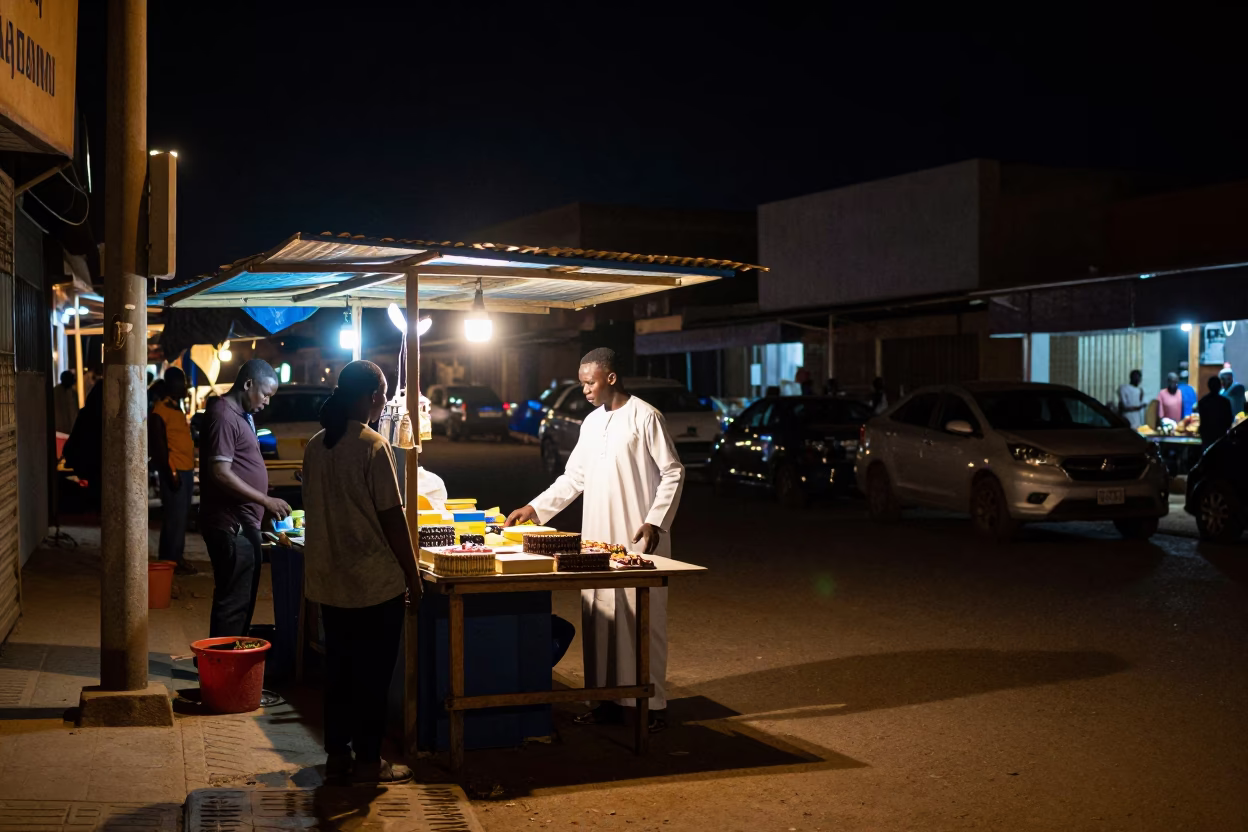 Night Market Street Scene in Dakar Senegal Under Deep Darkness with Local Commerce in in Dakar, Senegal