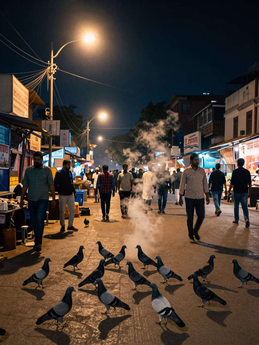 Night Market Street Scene in Delhi India with Pigeons and Steam in in Delhi, India