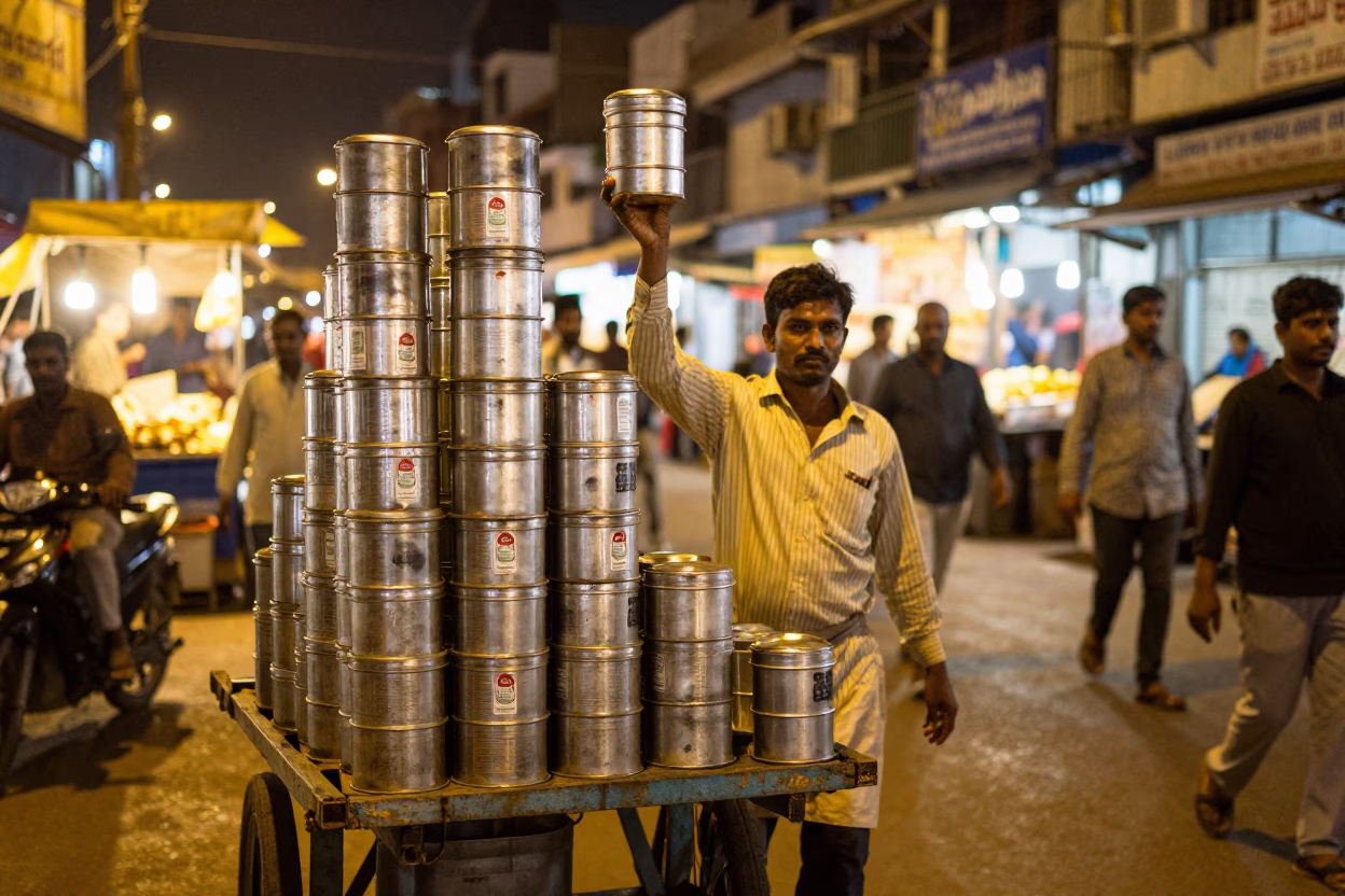 Night Market Street Scene in Delhi India with Tiffin Tin and Busy Traffic in in Delhi, India