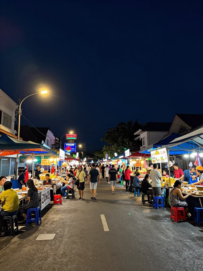 Night Market Street Scene in Denpasar Indonesia Under Deep Night Sky in in Denpasar, Indonesia