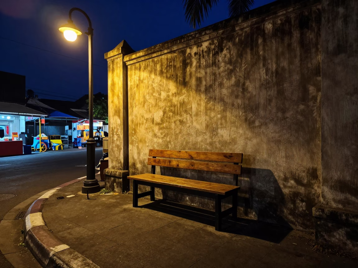 Night Market Street Scene in Denpasar Indonesia with Park Bench and Charm Bracelet in in Denpasar, Indonesia