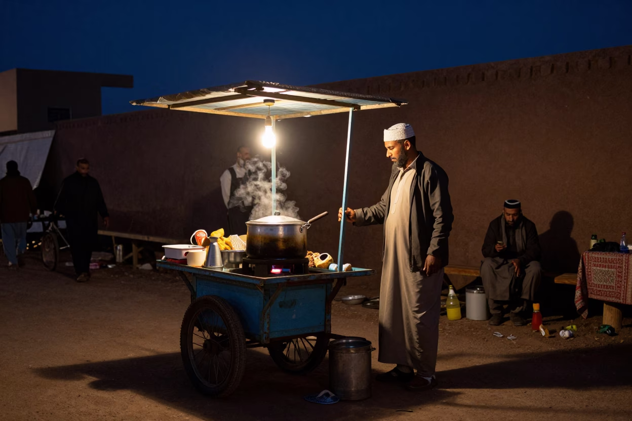 Night Market Street Scene in Fez Morocco with Cooking Pot and Bicycle Basket in in Fez, Morocco