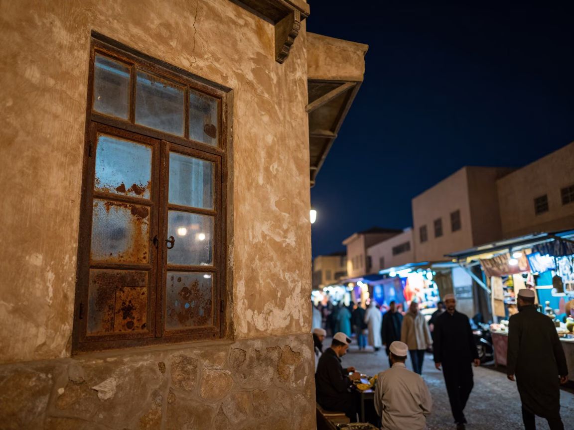 Night Market Street Scene in Fez Morocco with Rusty Window and Vintage Car in in Fez, Morocco
