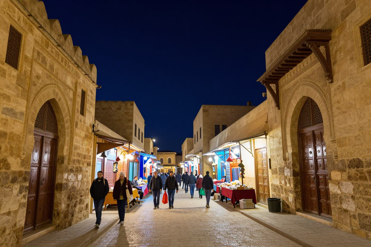 Night Market Street Scene in Fez Morocco with Stone Architecture and Lantern Light in in Fez, Morocco
