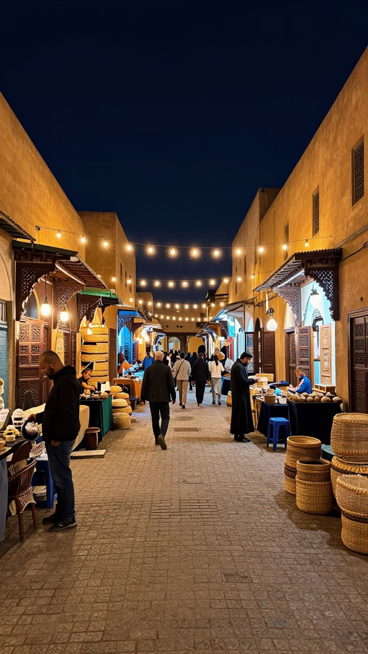 Night Market Street Scene in Fez Morocco with Woven Cane Textures and Traditional Lanterns in in Fez, Morocco