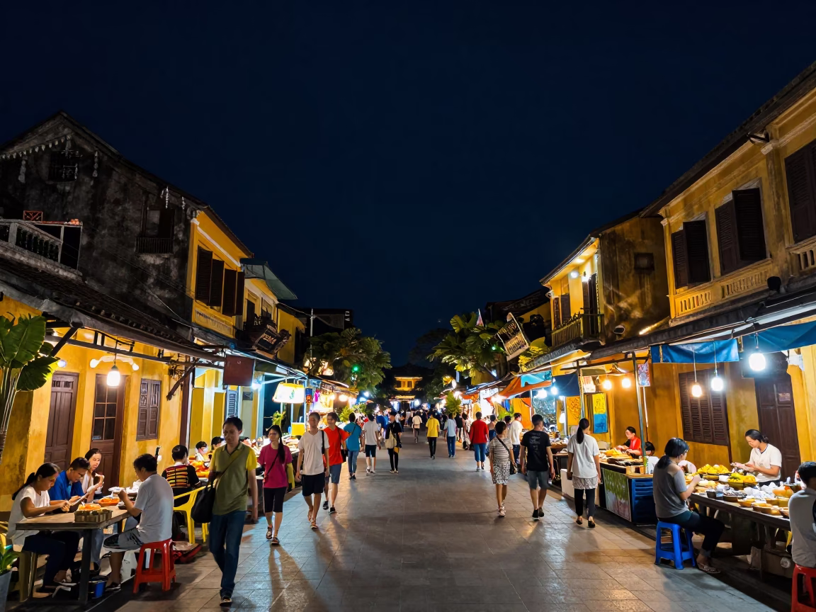 Night Market Street Scene in Hoi An Vietnam Under Deep Darkness with Yellow Buildings in in Hoi An, Vietnam